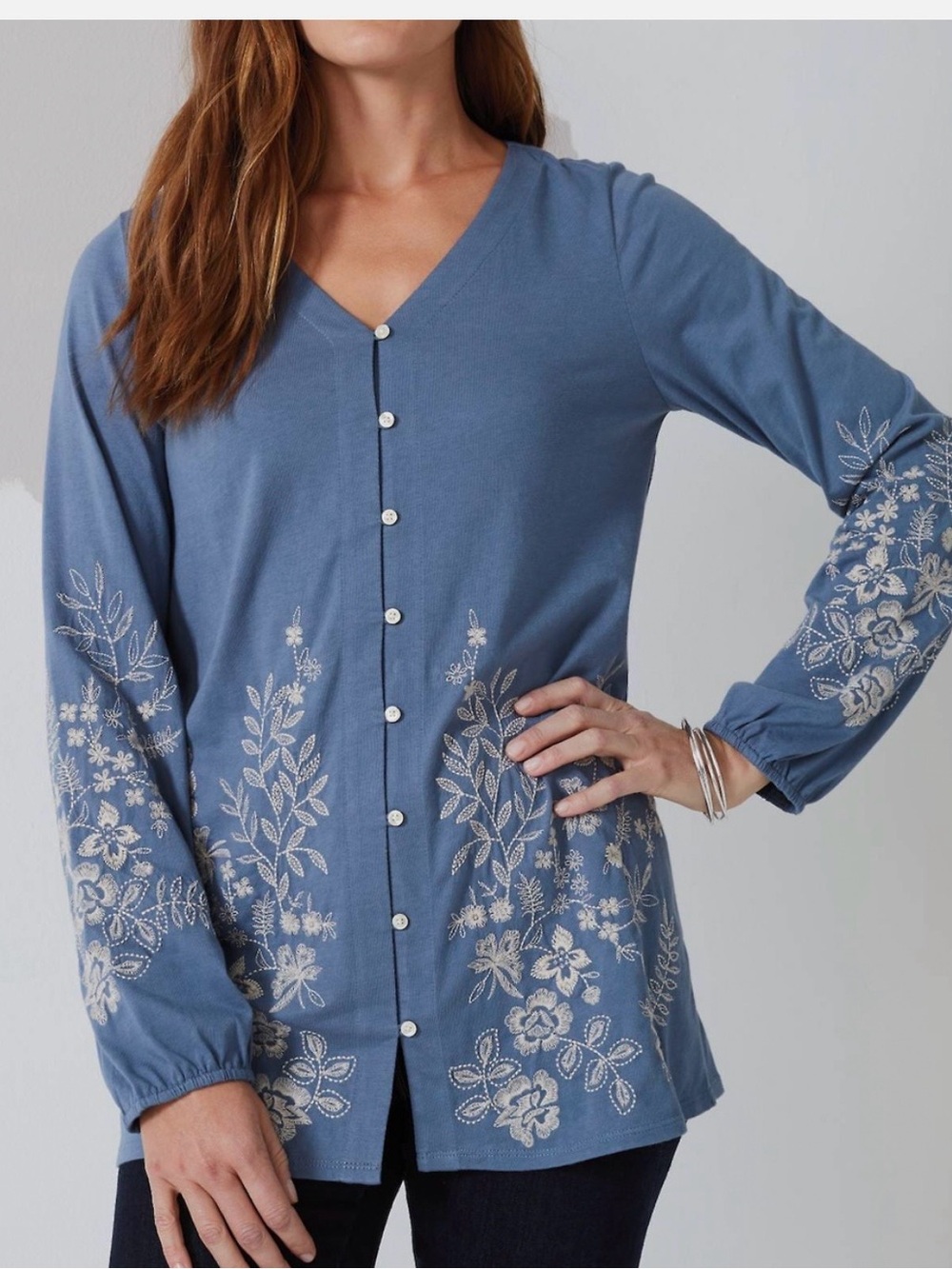 J. Jill Blue Button-Front Top with Cream Floral Embroidery